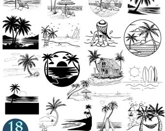 Beach Scene SVG Bundle | Tropical Palm Tree Sunset Clipart | Summer Vacation Silhouette | Ocean Shoreline PNG JPG Eps Dxf Digital Files