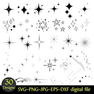 Puede incluir: Una colección de 30 diseños de estrellas negras en varias formas y tamaños. Las estrellas varían desde formas simples de cuatro puntas hasta diseños más complejos de múltiples puntas. La imagen incluye el texto "30 Designs" y "SVG-PNG-JPG-EPS-DXF digital file".