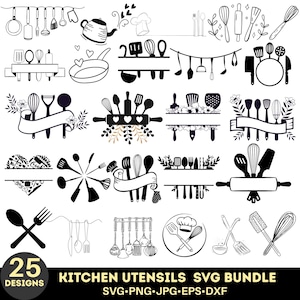 Pode incluir: Uma coleção de 25 designs de utensílios de cozinha em preto e branco, incluindo batedores, espátulas, rolos de massa e muito mais. O texto "KITCHEN UTENSILS SVG BUNDLE" é exibido abaixo dos designs, juntamente com informações sobre o tipo de arquivo.