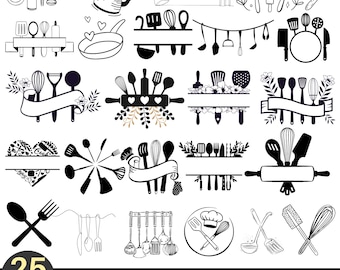 Küchenutensilien Clipart Bundle | Kochen Werkzeuge Illustrationen | Küche Dekor Line Art | Essen & Koch Elemente PNG SVG Set