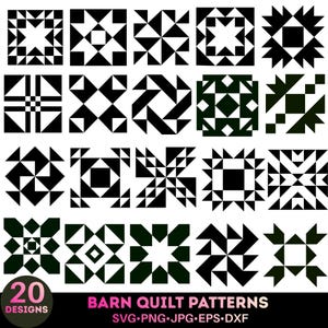 Könnte beinhalten: Eine Sammlung von 20 schwarz-weißen Scheunenquilt-Mustern in verschiedenen geometrischen Designs. Die Muster umfassen Quadrate, Dreiecke und andere Formen. Der Text "BARN QUILT PATTERNS" und Dateitypinformationen sind ebenfalls enthalten.