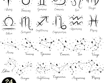 Zodiac Signs SVG Bundle, Zodiac Constellation Svg Png Jpg Eps, Horoscope SVG Bundle, Celestial Star Sign SVG, Zodiac Signs Clipart Png