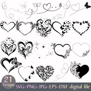 Puede incluir: Una colección de 21 diseños de mariposas y corazones en blanco y negro. Los diseños incluyen mariposas volando alrededor de corazones, corazones llenos de mariposas y arte lineal de mariposas individuales. También se incluye el texto "SVG-PNG-JPG-EPS-DXF digital file".