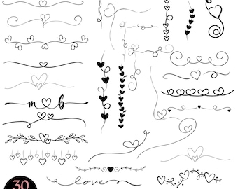 Swirl SVG / Divisori a spirale a forma di cuore romantico SVG Png / Pacchetto di bordi con linee d'amore / Ornamenti floreali minimi / Set digitale di clipart di San Valentino