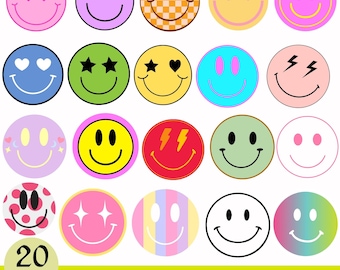Smiley Face Clipart Bundle, Retro Happy Face SVG PNG, Cute Aesthetic Emojis, Digital Download