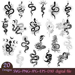 Könnte beinhalten: Eine Sammlung von 20 schwarz-weißen Schlangen-Designs, jeweils mit einzigartigen floralen und himmlischen Akzenten. Die Designs umfassen verschiedene Schlangenposen, einige gewunden, andere aufrecht, und einige mit Monden, Sternen und Blumen verziert. Der Text "20 Designs" und Dateitypinformationen befinden sich unten.