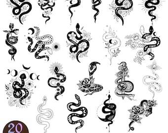 Paquete de SVG de serpientes / 20 diseños de serpientes místicas en arte lineal / Imágenes prediseñadas de tatuajes bohemios y de brujas para Cricut e impresión