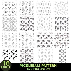 Puede incluir: Una colección de 16 diseños de patrones de pickleball en blanco y negro. Los patrones incluyen palas de pickleball, pelotas y otras ilustraciones temáticas de pickleball. Los diseños son adecuados para diversas aplicaciones, como tela, papel pintado o arte digital.