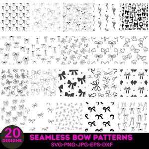 May include: A selection of 20 seamless bow patterns in black and white. The designs feature diverse bow styles, from simple outlines to filled shapes, and are available in SVG, PNG, JPG, EPS, and DXF formats. The image includes the text "SEAMLESS BOW PATTERNS".