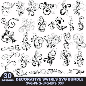 Pode incluir: Uma coleção de 30 designs decorativos em espiral preta em vários estilos. Os designs incluem elementos florais e abstratos, adequados para projetos de arte digital. A imagem também inclui o texto "DECORATIVE SWIRLS SVG BUNDLE" e informações sobre tipos de arquivo.