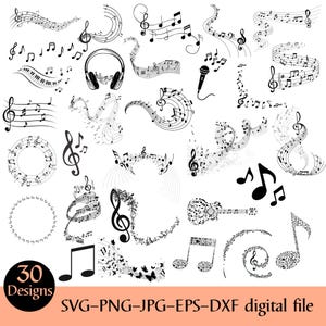 Op de afbeelding: Een verzameling van 30 zwart-witte muziekontwerpen, waaronder muzieknoten, G-sleutels, koptelefoons, een microfoon en een gitaar. De ontwerpen zijn in verschillende stijlen, waaronder vloeiende lijnen en cirkelvormige patronen. De tekst "30 Designs" en "SVG-PNG-JPG-EPS-DXF digital file" zijn ook opgenomen.