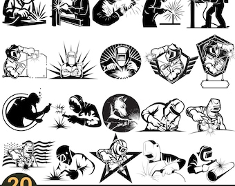 Paquete de diseños de soldador / Conjunto de imágenes prediseñadas de siluetas de soldadura / 20 diseños / PNG JPG SVG Eps Dxf / Descarga digital