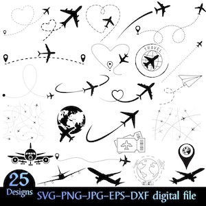May include: A collection of 25 black airplane designs, including silhouettes, dotted flight paths, and globe graphics. The designs are suitable for digital use, with file formats including SVG, PNG, JPG, EPS, and DXF.
