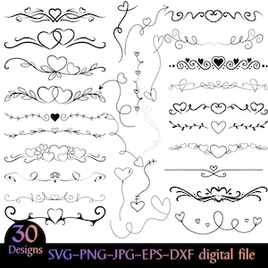Può includere: Una collezione di 30 elementi di design a tema cuore in bianco e nero. I disegni includono vari bordi, frecce e decorazioni, perfetti per progetti di artigianato digitale. L'immagine include anche il testo "Designs SVG-PNG-JPG-EPS-DXF digital file."