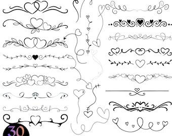 Pacchetto divisori lineari a spirale romantici SVG PNG Bordi Clipart Disegni floreali a forma di cuore