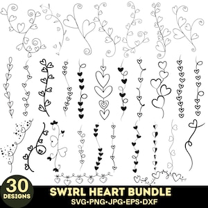 May include: A collection of 30 black and white swirl heart designs. The designs include various heart-shaped vines, borders, and individual heart elements. The text "SWIRL HEART BUNDLE" is displayed below the designs, along with file type information.