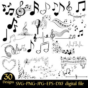 Peut inclure: Une collection de 30 motifs musicaux noirs et blancs, comprenant des clés de sol, des notes de musique, des cœurs, un microphone, des touches de piano et une bannière avec des oiseaux. Formats de fichiers numériques SVG, PNG, JPG, EPS et DXF.