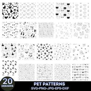May include: A collection of 20 black and white digital patterns featuring various pet-themed illustrations including paw prints, bones, hearts, and stylized dog and cat faces. The text 20 DESIGNS and PET PATTERNS SVG PNG JPG EPS DXF is visible.