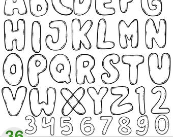 May include: Black and white doodle alphabet and numbers set. The letters A through Z, and numbers 1 through 0 are displayed in a bubble font. The image also includes the text "36 Designs" and "DOODLE ALPHABET / NUMBERS SVG BUNDLE".