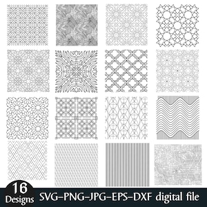 Könnte beinhalten: Sechzehn schwarz-weiße digitale Designmuster werden in einem Raster angezeigt. Die Muster umfassen geometrische Formen, florale Designs und abstrakte Linien. Der Text "16 Designs SVG-PNG-JPG-EPS-DXF digital file" befindet sich unten.