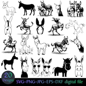 Op de afbeelding: Een verzameling van 20 ezelontwerpen in zwart en wit, in verschillende poses en stijlen. De afbeelding bevat volledige lichaams-, silhouet- en cartoonillustraties van ezels. De tekst onderaan luidt "SVG-PNG-JPG-EPS-DXF digital file."