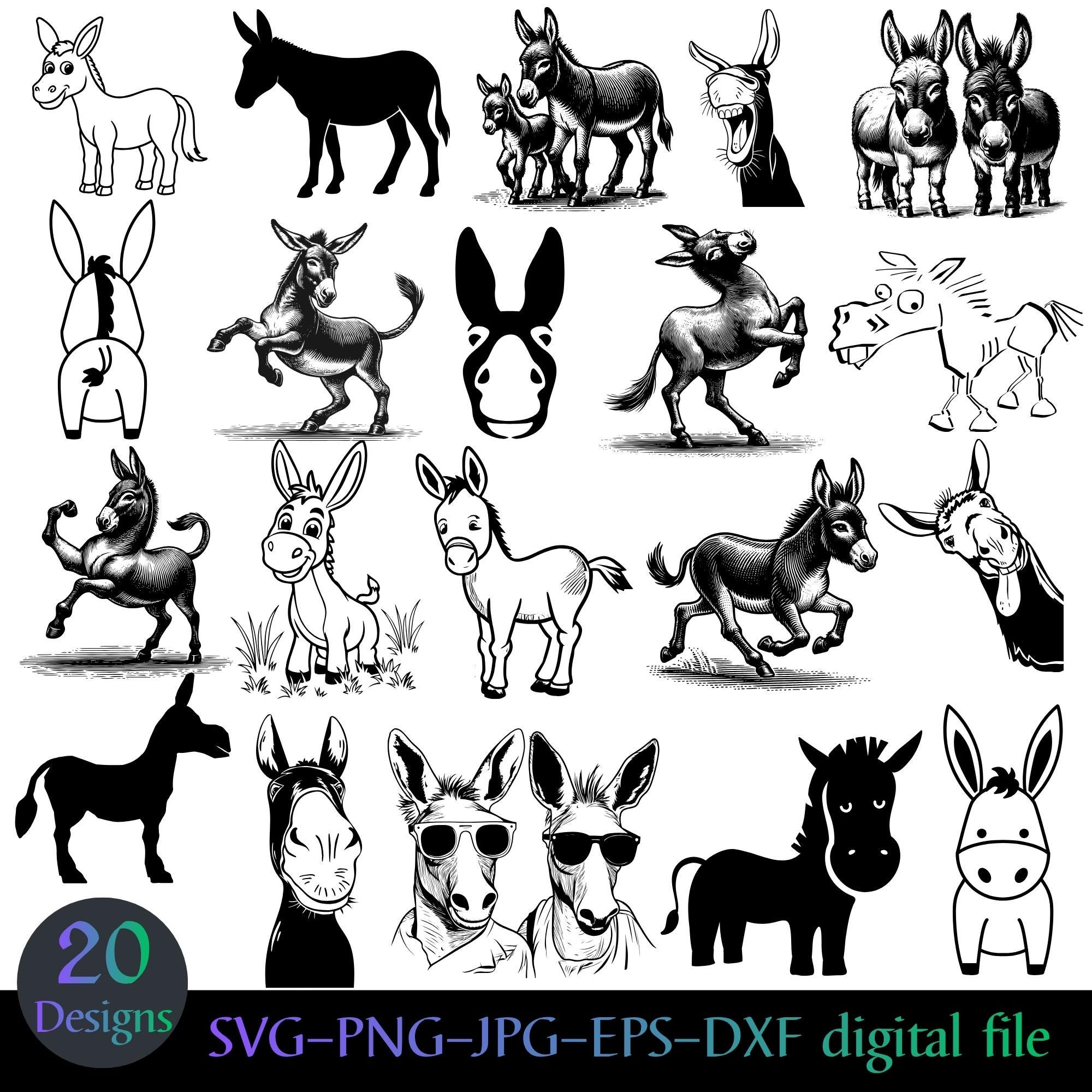 Donkey SVG Bundle | 20 Funny PNG Farm Animal Designs | Mule Clipart ...
