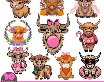 ハイランド牛のSVGバンドル、ハイランド牛のSVG、花とハイランドの赤ちゃんのベクター画像、赤ちゃん牛のSVG、ハイランド牛の頭のアウトラインPNG