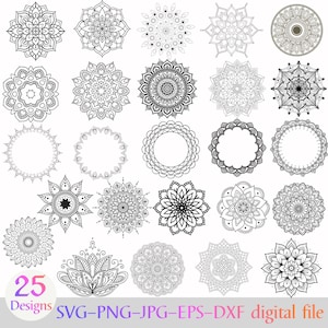 May include: A collection of 25 black and white mandala designs in various styles. The image includes circular patterns with intricate details, floral motifs, and decorative borders. Text at the bottom reads "25 Designs SVG-PNG-JPG-EPS-DXF digital file."