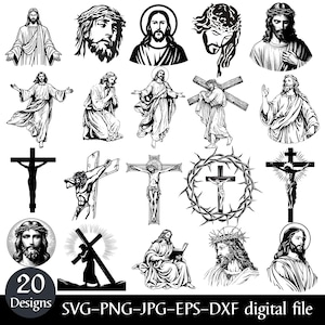 以下が含まれることがあります： 宗教的な人物やシンボルを描いた、20種類の白黒デジタルデザインのコレクション。イエス、十字架、聖書の場面の描写が含まれています。「20 Designs SVG-PNG-JPG-EPS-DXF digital file」のテキストが含まれています。