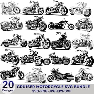 May include: A collection of 20 black and white cruiser motorcycle designs. The image includes various motorcycle styles, with the text "CRUISER MOTORCYCLE SVG BUNDLE" and file type information: SVG, PNG, JPG, EPS, and DXF.
