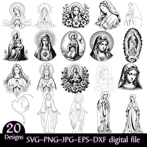 Op de afbeelding: Een verzameling van 20 zwart-wit digitale ontwerpen met verschillende afbeeldingen van de Maagd Maria. De afbeeldingen bevatten gedetailleerde illustraties van Maria met halo's, omringd door bloemen en met het kindje Jezus. De tekst "20 Designs SVG-PNG-JPG-EPS-DXF digital file" staat onderaan.