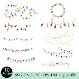 Puede incluir: Una colección de diez diseños digitales con luces de cadena de colores en varios arreglos. Los diseños incluyen cuerdas, una corona circular y patrones de luz dispersos. También se incluye el texto "10 Designs" y "SVG-PNG-JPG-EPS-DXF digital file".