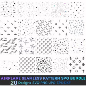 May include: A collection of 20 airplane-themed seamless patterns in black and white. Designs include various airplane illustrations, dotted flight paths, and scattered airplane motifs. The text "AIRPLANE SEAMLESS PATTERN SVG BUNDLE" is displayed at the bottom.