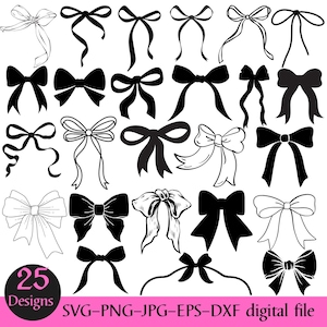 May include: A collection of 25 bow designs in black and white. The bows vary in style, from simple to ornate, with options for outlines and solid fills. Text at the bottom reads "SVG-PNG-JPG-EPS-DXF digital file."