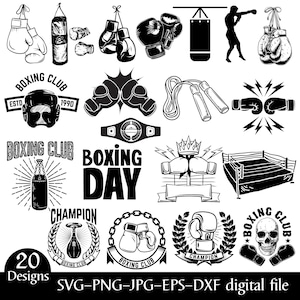 以下が含まれることがあります： 20種類のボクシングをテーマにした白黒のデザインのコレクション。画像には、ボクシンググローブ、パンチングバッグ、ボクシングリング、ボクサーのシルエット、および「Boxing Club」、「Boxing Day」、「Champion」と書かれたテキストが含まれています。