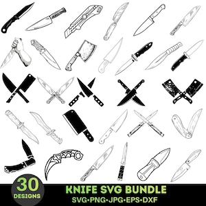 May include: Black and white line art illustrations of various knives, including a cleaver, a utility knife, and a karambit. The image includes the text "30 DESIGNS" and "KNIFE SVG BUNDLE" with file type information.