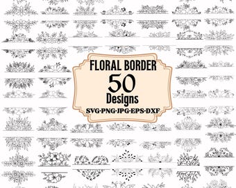Pacchetto SVG con bordi floreali, 50 bordi floreali vintage, clipart per cornici di inviti di nozze, file di taglio Silhouette per Cricut