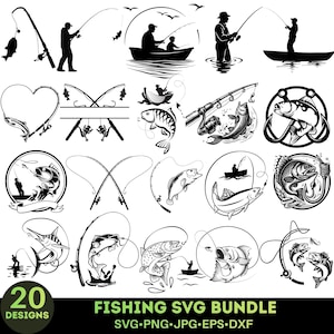 May include: A black and white SVG bundle featuring 20 fishing designs. The designs include silhouettes of people fishing, fish, fishing rods, and boats. The text "FISHING SVG BUNDLE" is displayed at the bottom, along with file type information.