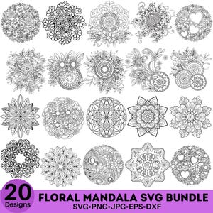 Könnte beinhalten: Eine Sammlung von 20 floralen Mandala-Designs in Schwarz und Weiß. Die Designs umfassen detaillierte Blumenmuster, kreisförmige Anordnungen und herzförmige Elemente. Das Bild enthält den Text "20 Designs" und "FLORAL MANDALA SVG BUNDLE".