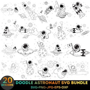 Pode incluir: Um pacote SVG de astronauta doodle em preto e branco com 20 designs. As ilustrações apresentam astronautas, foguetes, planetas e OVNIs. O texto na parte inferior diz "DOODLE ASTRONAUT SVG BUNDLE" e "SVG•PNG•JPG•EPS•DXF".