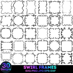 May include: A collection of 30 black swirl frame designs in various styles. The frames are square or rectangular with decorative, swirling lines. The image includes the text "SWIRL FRAMES" and file type options.