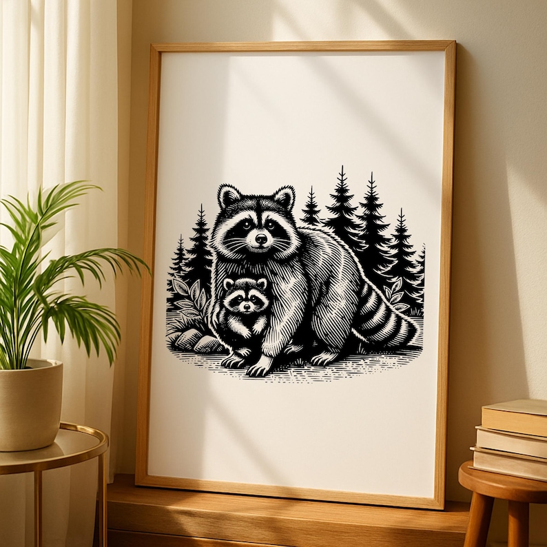 Puede incluir: L&aacute;mina art&iacute;stica enmarcada en blanco y negro que representa una madre mapache y su beb&eacute;. Los mapaches est&aacute;n ilustrados con detalle, sobre un fondo de pinos estilizados. La obra est&aacute; enmarcada en madera clara.