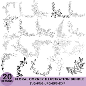 Może przedstawiać: Zbiór 20 czarno-białych ilustracji kwiatowych narożników. Projekty obejmują różne kompozycje kwiatów i liści, idealne do projektów graficznych. Tekst brzmi "Floral Corner Illustration Bundle" i wymienia formaty plików.