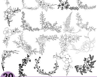 Pacchetto di illustrazioni floreali ad angolo, elementi SVG con cornice botanica, disegni lineari con angoli floreali vintage, decorazioni floreali romantiche