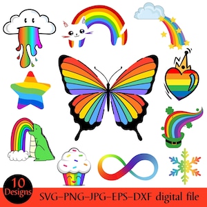May include: A collection of ten colorful rainbow-themed designs. Includes a butterfly, a star, a cupcake, a cloud, a cat, a heart, a dinosaur, a snowflake, an infinity symbol, and a rainbow with stars. The designs are in SVG-PNG-JPG-EPS-DXF digital file format.