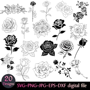 Pu&ograve; includere: Una collezione di 20 disegni di rose in bianco e nero, adatti per l'uso digitale. L'immagine presenta varie illustrazioni di rose, tra cui rose singole, bouquet e steli. Disponibile nei formati SVG, PNG, JPG, EPS e DXF.