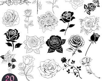 Rose Line Art Bundle | 20 Black and White Flower SVG PNG JPG Eps Dxf