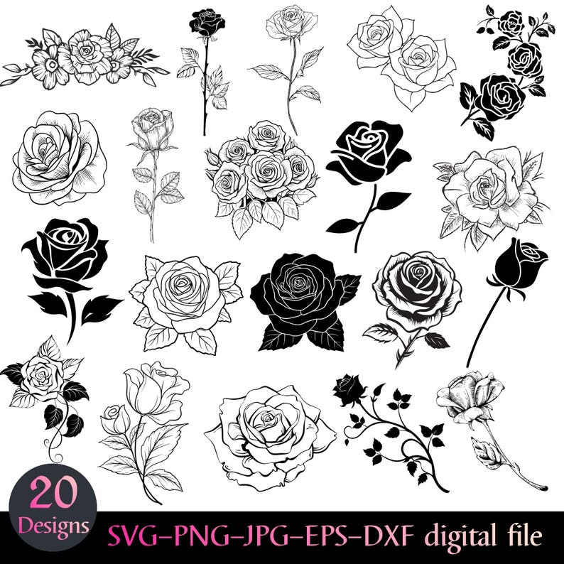 Pu&ograve; includere: Una collezione di 20 disegni di rose in bianco e nero, adatti per l'uso digitale. L'immagine presenta varie illustrazioni di rose, tra cui rose singole, bouquet e steli. Disponibile nei formati SVG, PNG, JPG, EPS e DXF.