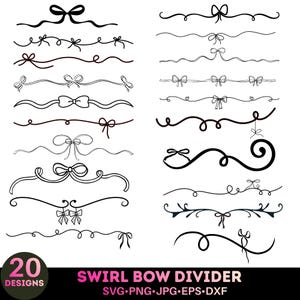 Puede incluir: Una colección de 20 diseños de divisores de lazo en espiral negros. Cada diseño presenta una disposición única de lazos y líneas fluidas. La imagen incluye el texto "SWIRL BOW DIVIDER" e información sobre el tipo de archivo.