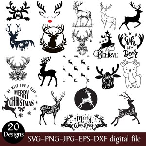 May include: A collection of 20 black and white reindeer designs, including silhouettes, line drawings, and festive text. The designs are suitable for digital crafting projects, with file formats including SVG, PNG, JPG, EPS, and DXF.
